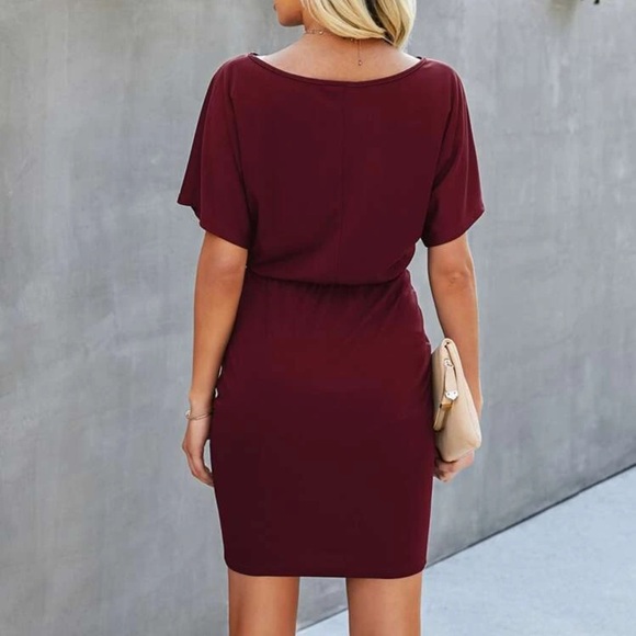 Burgundy Short sleeve belted batwing solid dress - Picture 2 of 14